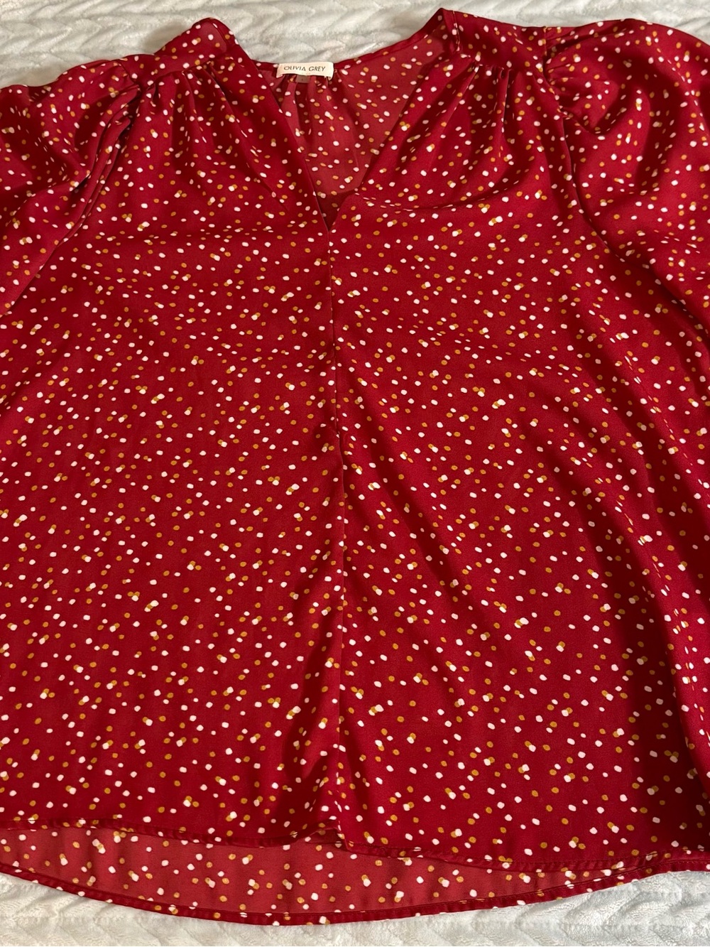 Olivia Grey Red Polka Dot V-Neck Blouse